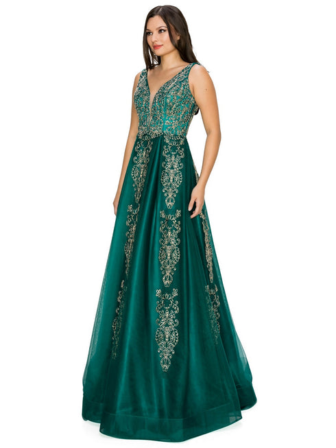Bliss Golden Coil Lace Studded Illusion Tulle V-Neck Dress for Women, Sizes XS-3XL - SophiasStyle.com